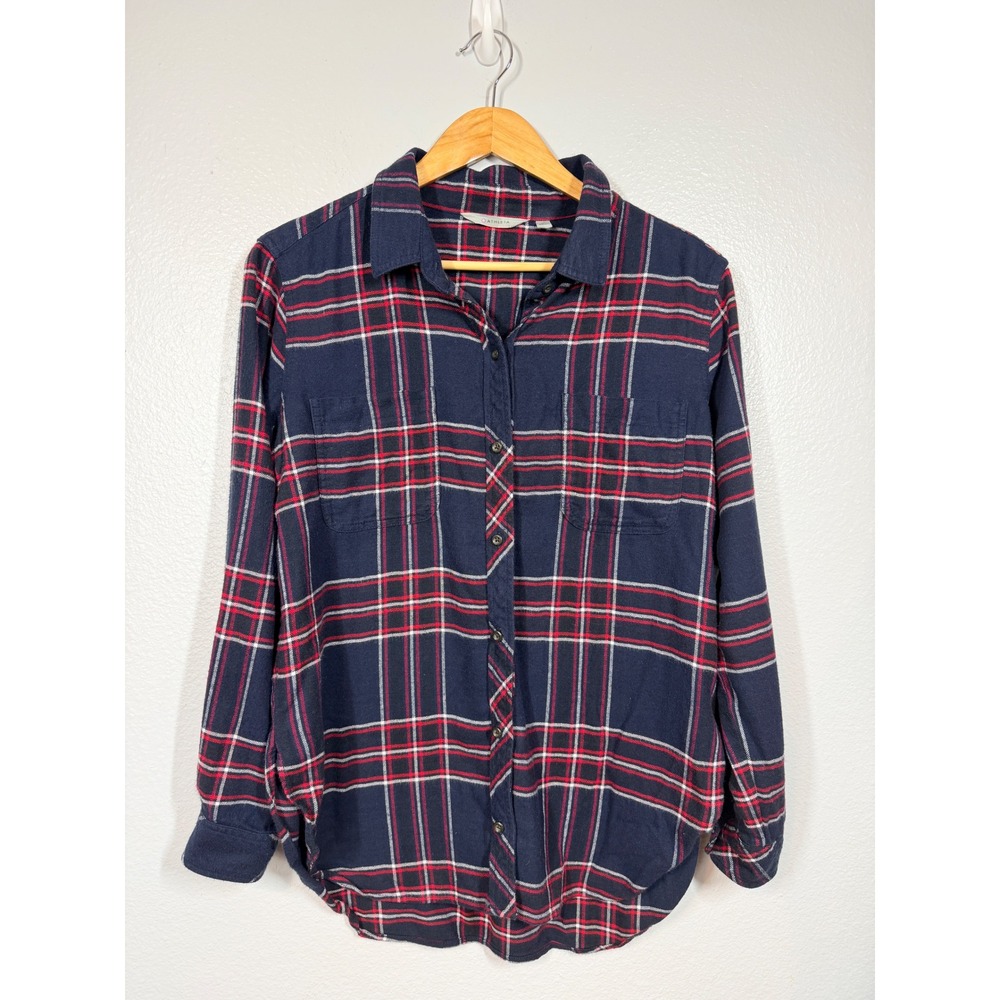 Athleta‎ Flannel Top Women's Medium Navy Red Plaid Long Sleeve Lumberjill